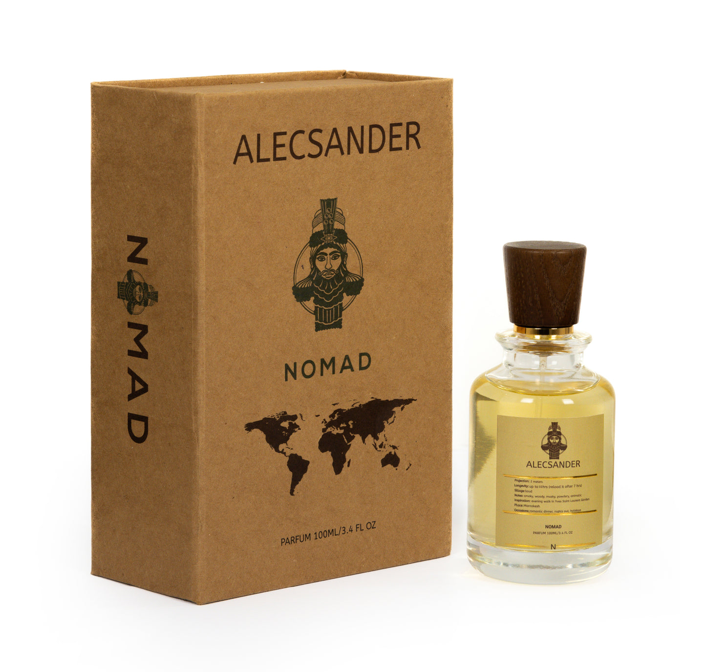 Nomad Alecsander perfume bottle next to its elegant box, a perfect pairing of sophistication and luxury