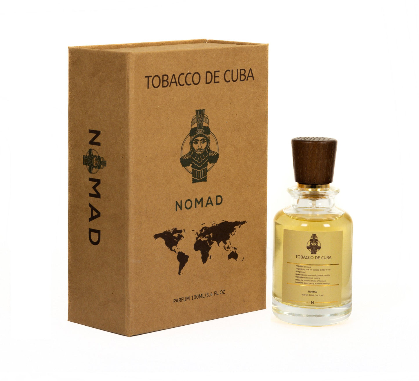 Nomad Tobacco de Cuba perfume bottle displayed next to its captivating box, offering a rich and indulgent olfactory experience