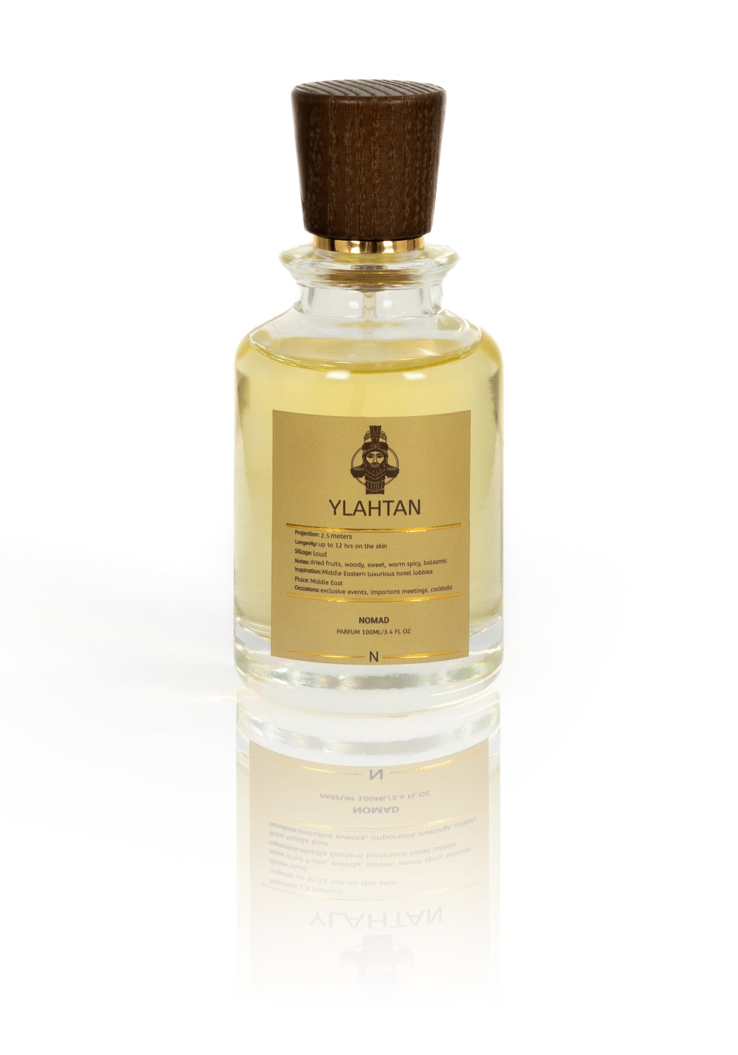 Nomad Ylahtan perfume bottle capturing notes of dried fruits, woody, sweet, warm spicy