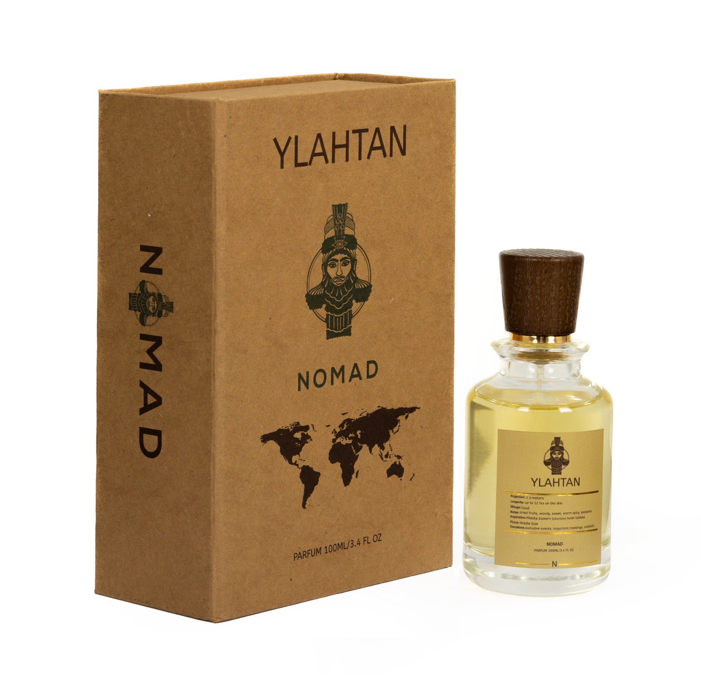 Nomad Ylahtan perfume bottle presented with its stylish box, harmonizing scents inspired by the enchanting allure of the Middle East